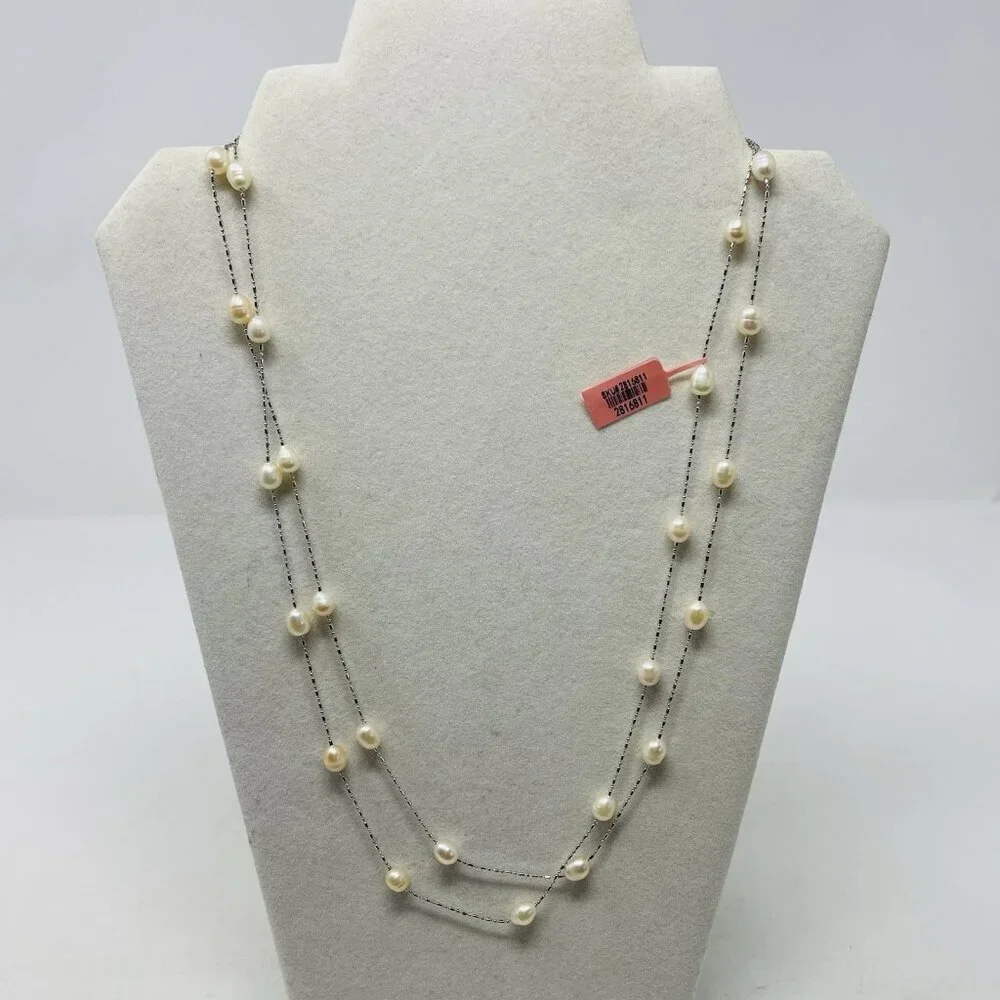 Freshwater Peach Pearl Silvertone Station Long Necklace 47inch Long 5038